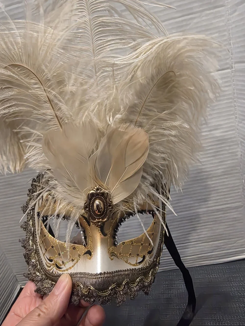 Gold and Cream Feathered Venetian Masquerade Mask.